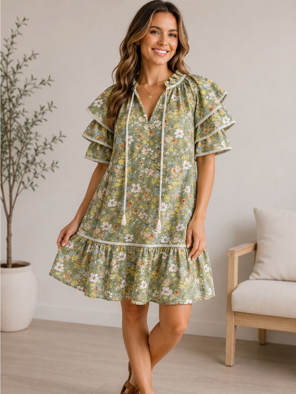 Umgee Women’s Small Floral Dress Sage Green Tiered Ruffle Sleeve Cotton NWT